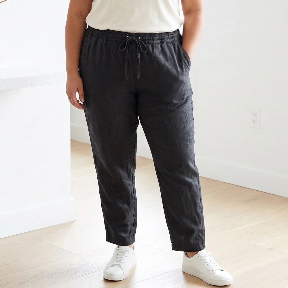 H&M Linen Pants Women Black Elastic Waist Drawstring Casual Lightweight Trousers